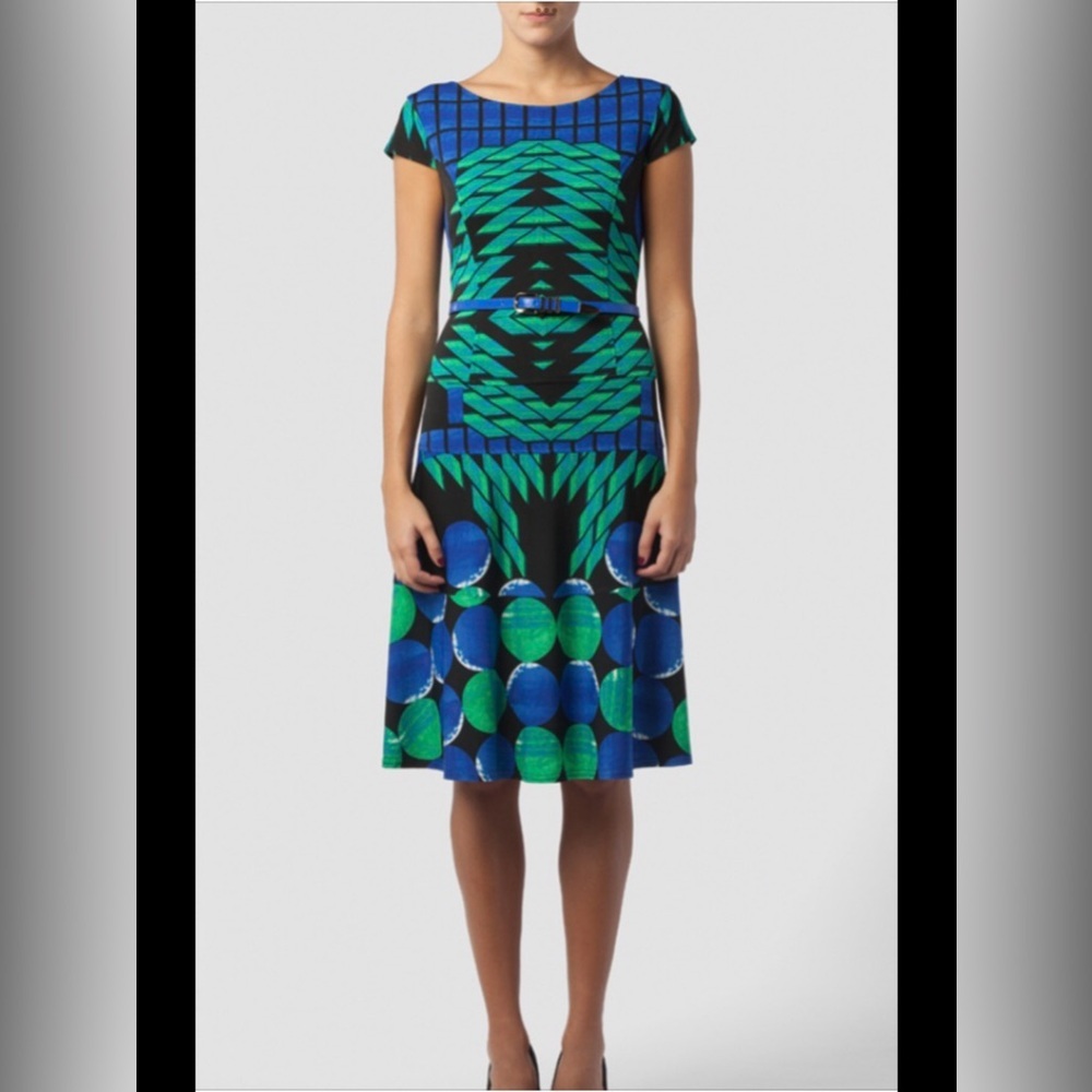 Joseph Ribkoff Midi Knit Dress in Bold Graphic Pattern | Cap Sleeves